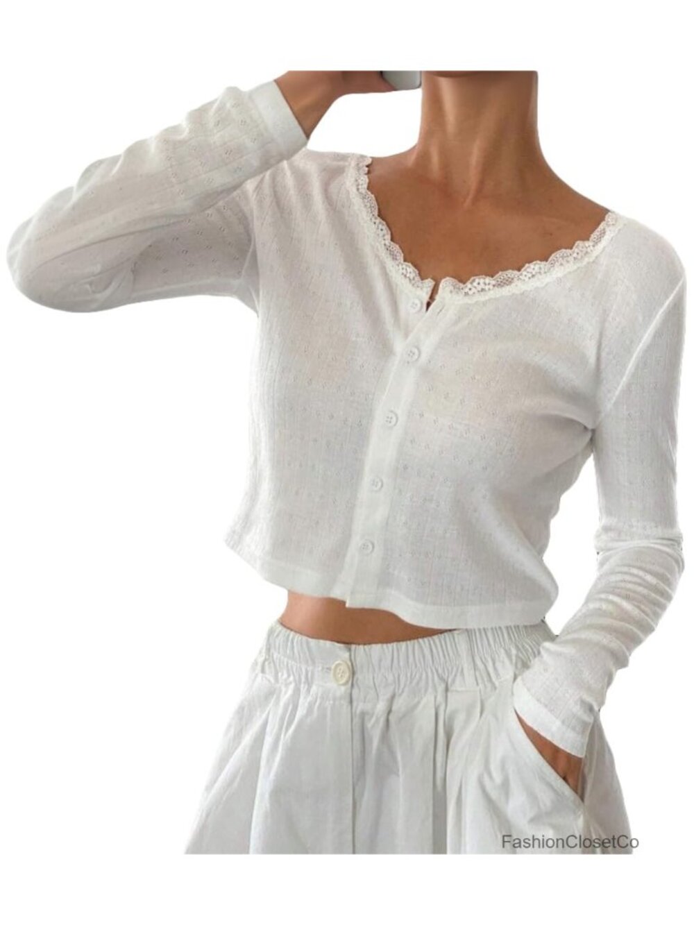 Women Long Sleeve Button Down Open Front V Neck Crop Cardigan Pointelle Knit Top